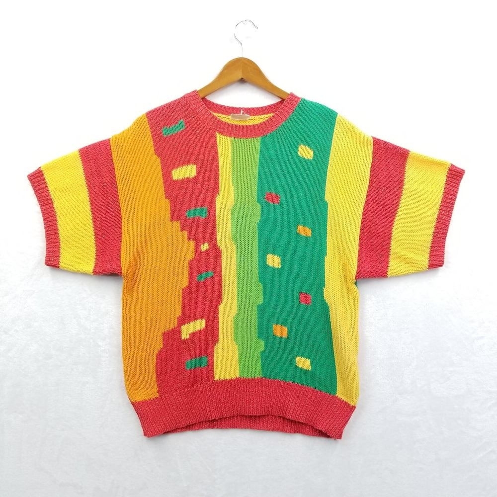 VTG Joye Fun Sweater Women M Red Yellow Green Metallic Short Sleeve Neon 80's‎